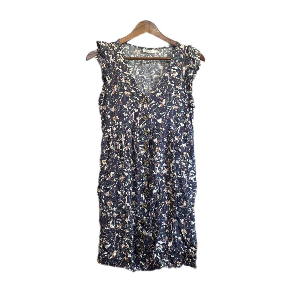 Maurices Button Front Dress Womens XS Navy Blue Floral Ruffle Sleeve Mini